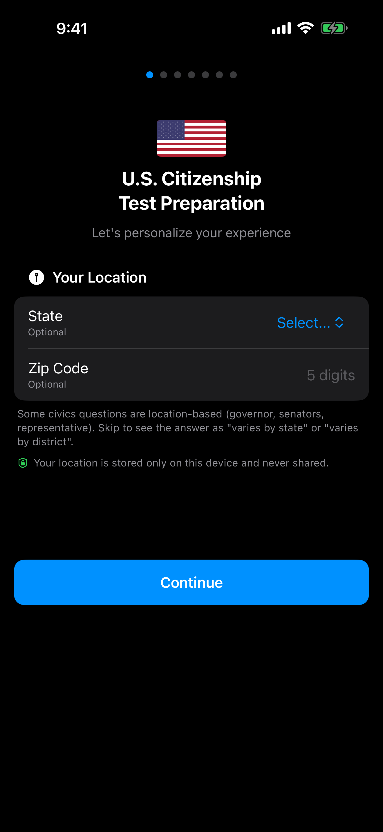 Setting your state and zip code during onboarding on iPhone