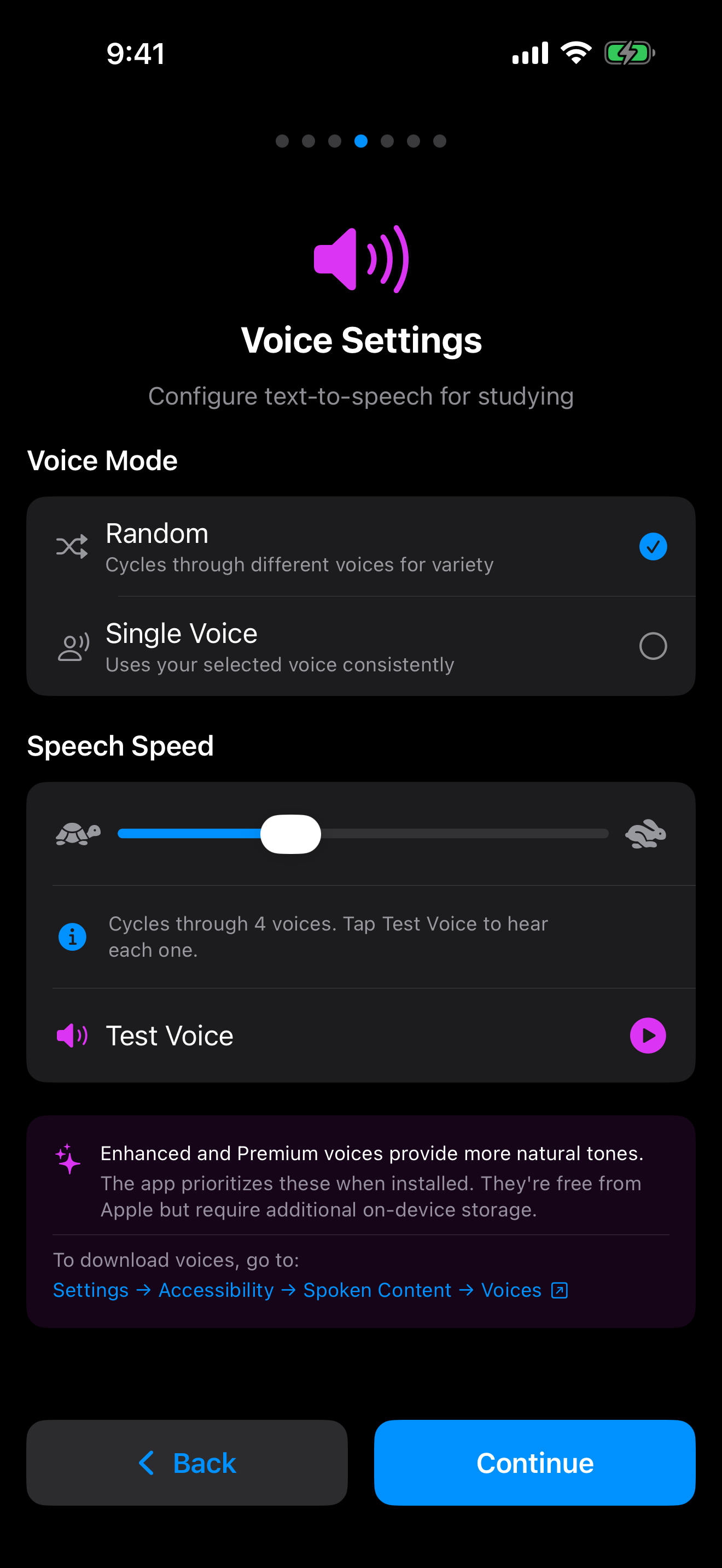 Choosing a reading voice during onboarding on iPhone