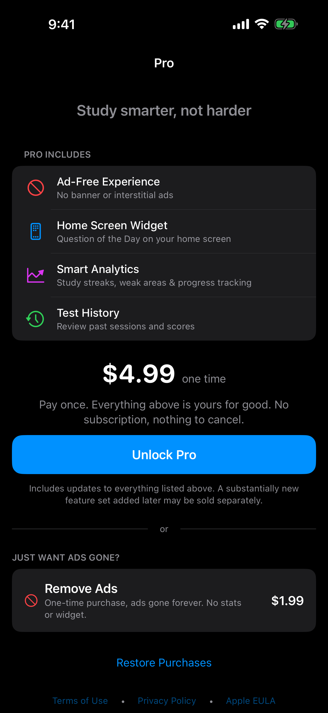 The Pro page showing the one-time unlock and the Remove Ads option on iPhone