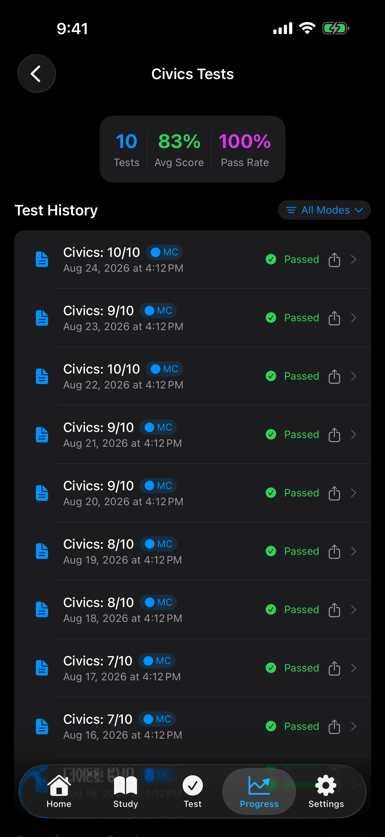 Civics test history on iPhone