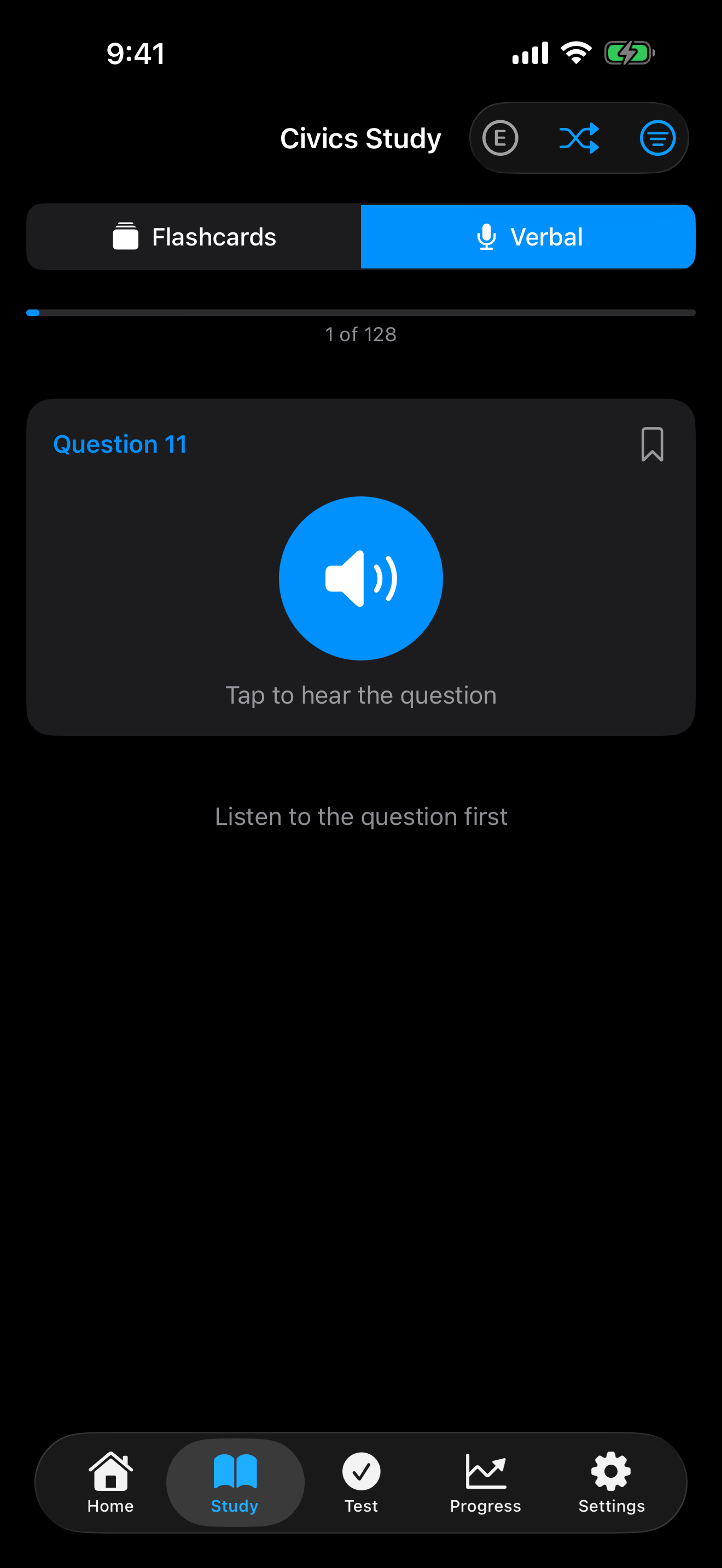 Verbal practice in study mode on iPhone