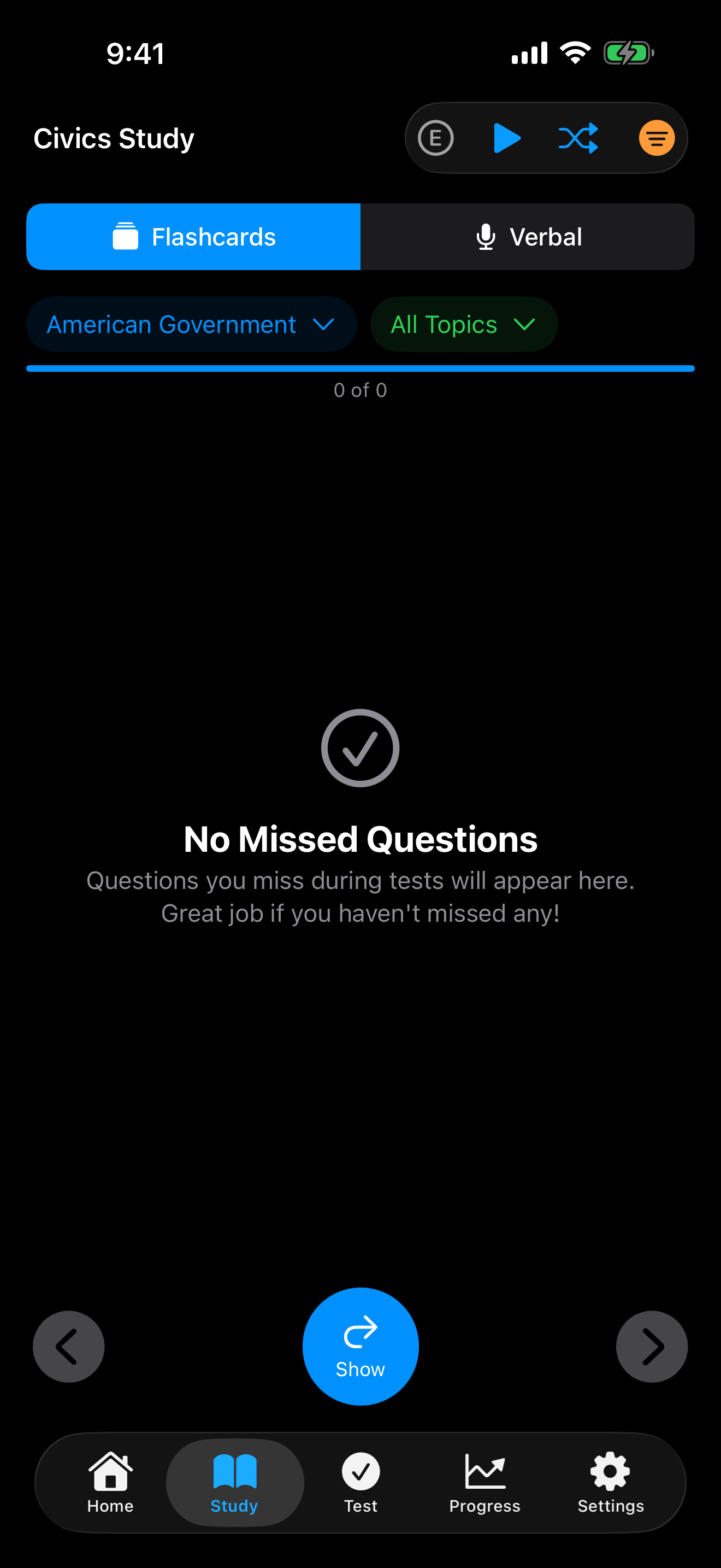 Study questions filtered by category and missed answers on iPhone
