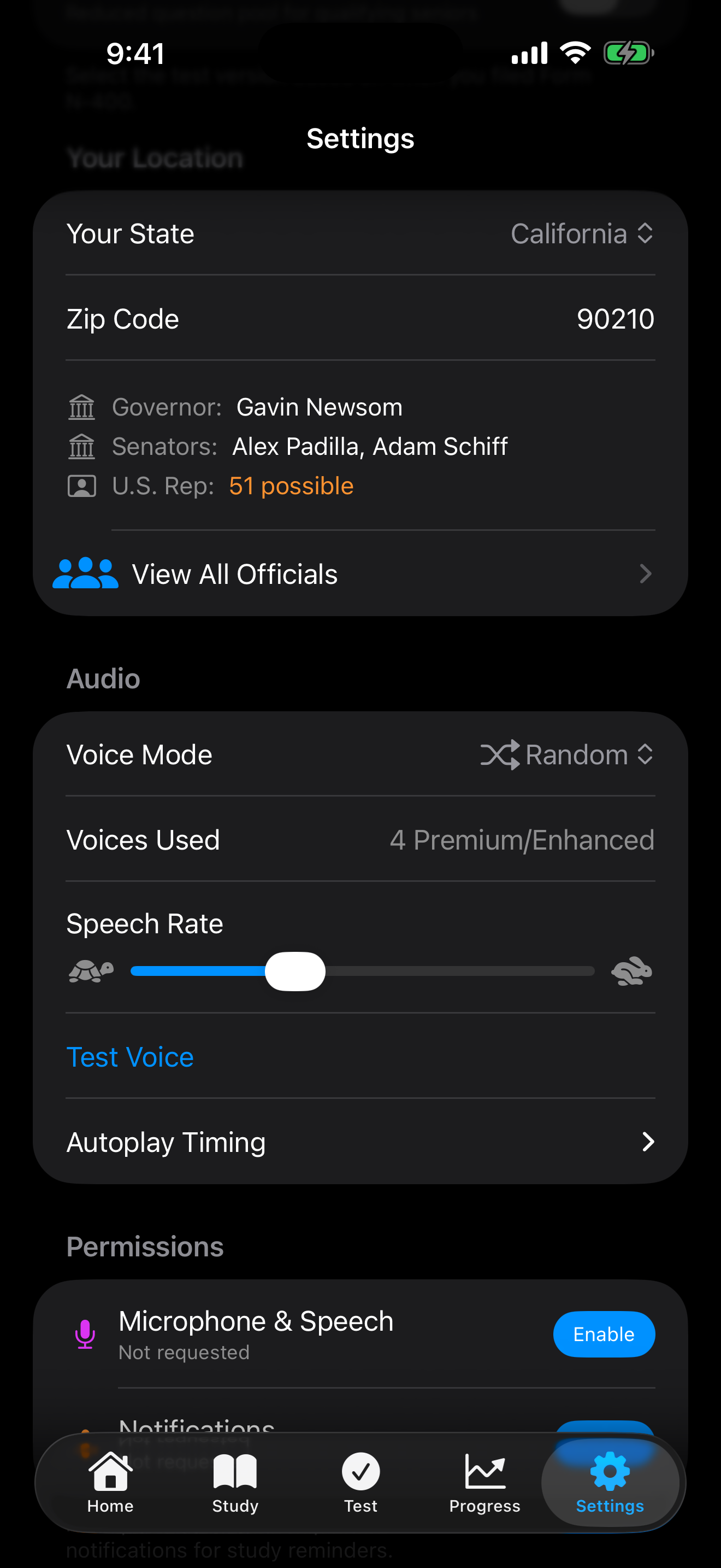 State and zip code settings, with your officials listed on iPhone