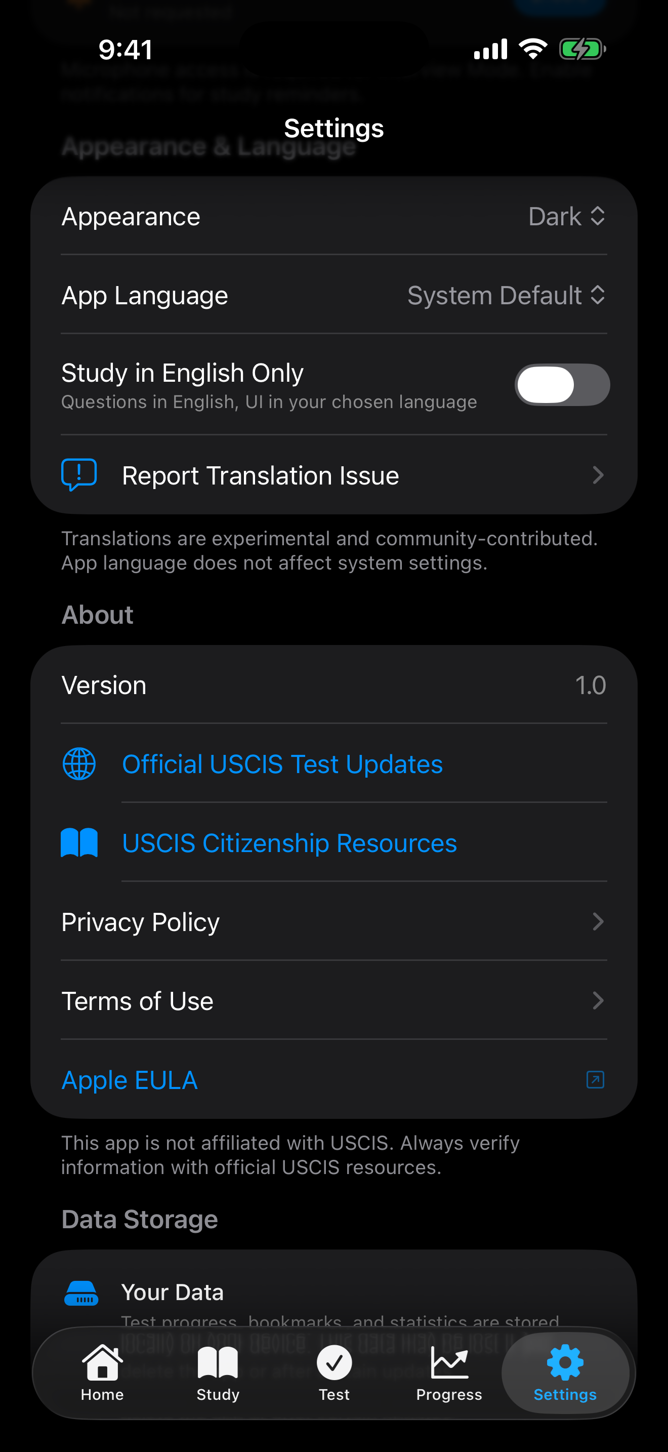 Appearance and language settings on iPhone