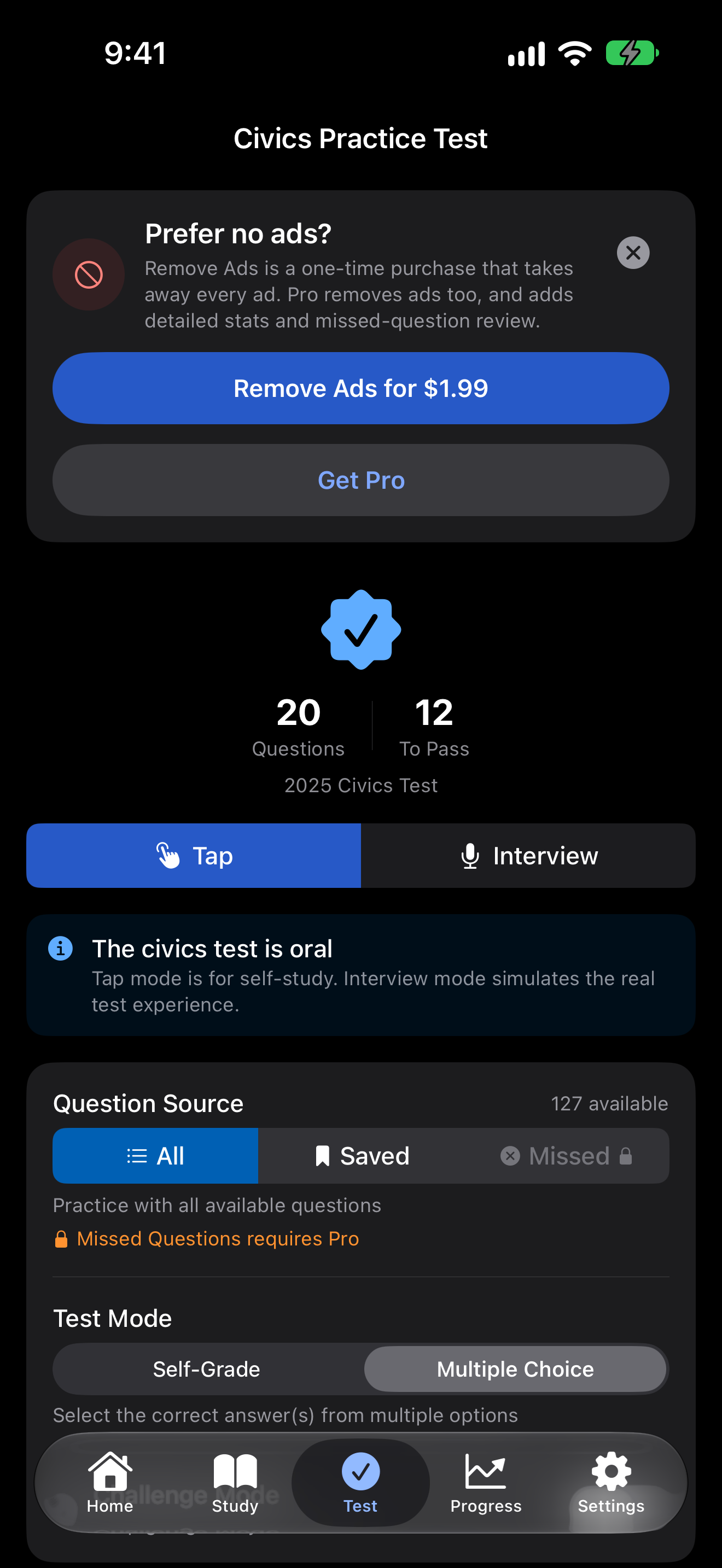 The Prefer no ads? card on the civics test start screen, offering Remove Ads and Get Pro on iPhone