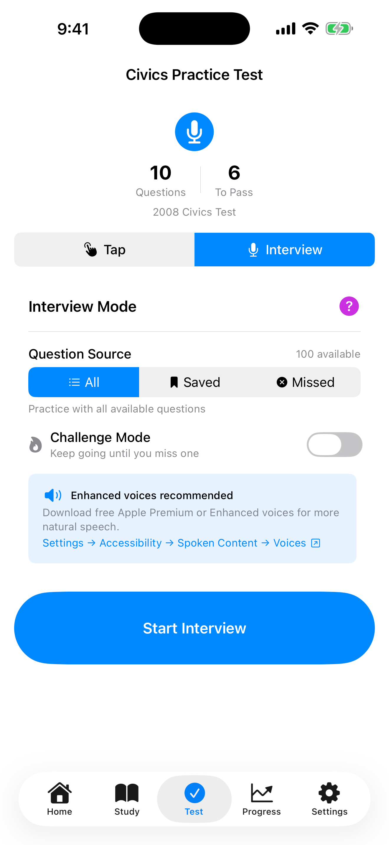 Interview start screen on iPhone