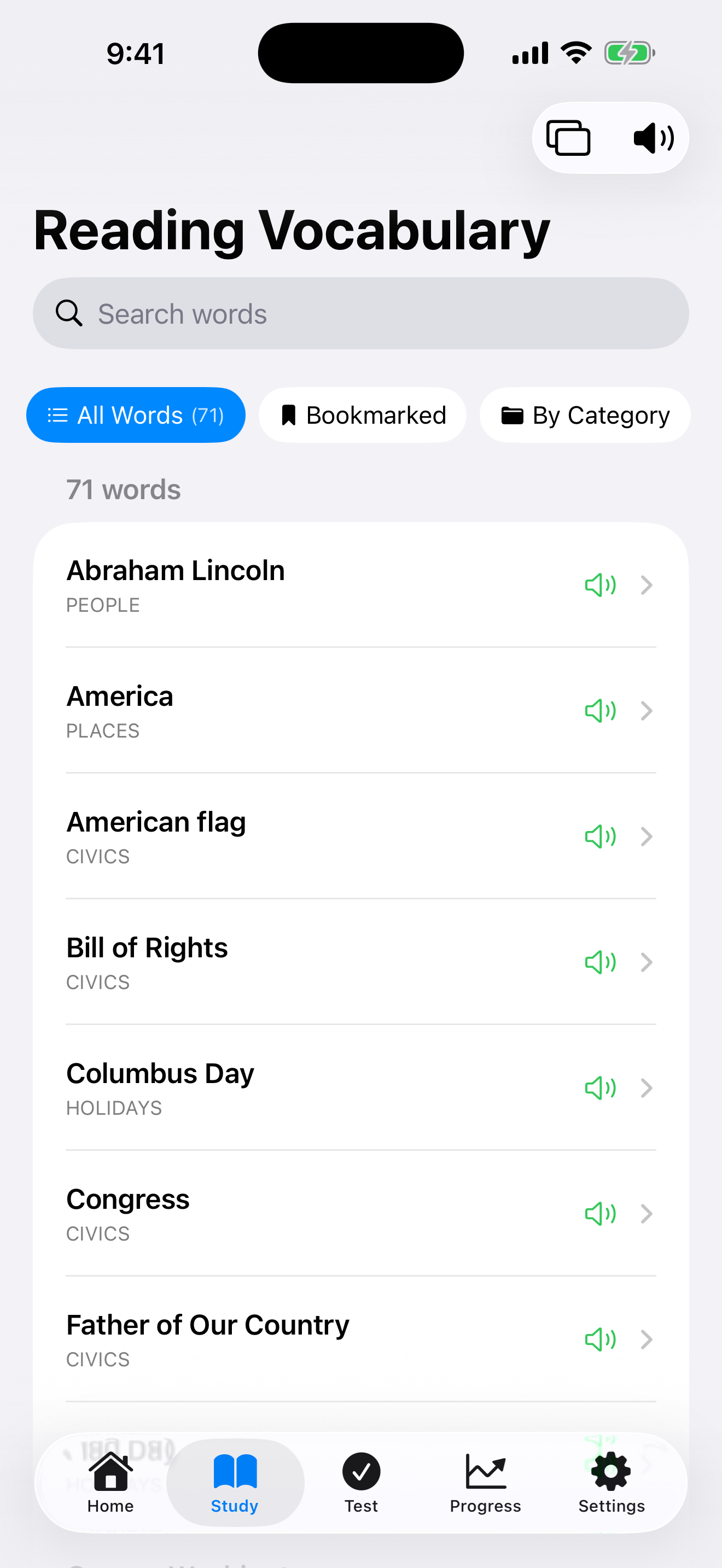 Reading vocabulary browser on iPhone