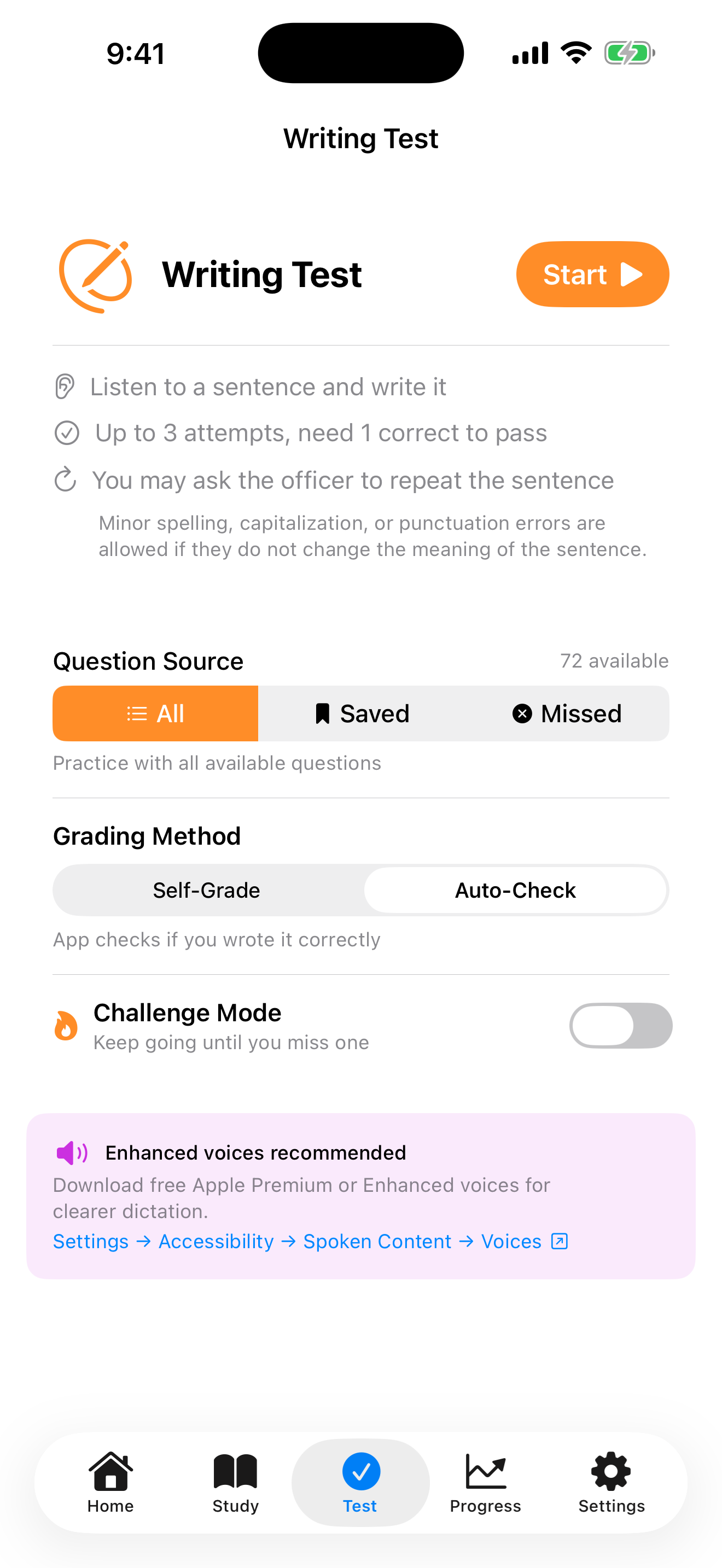 Writing dictation practice on iPhone