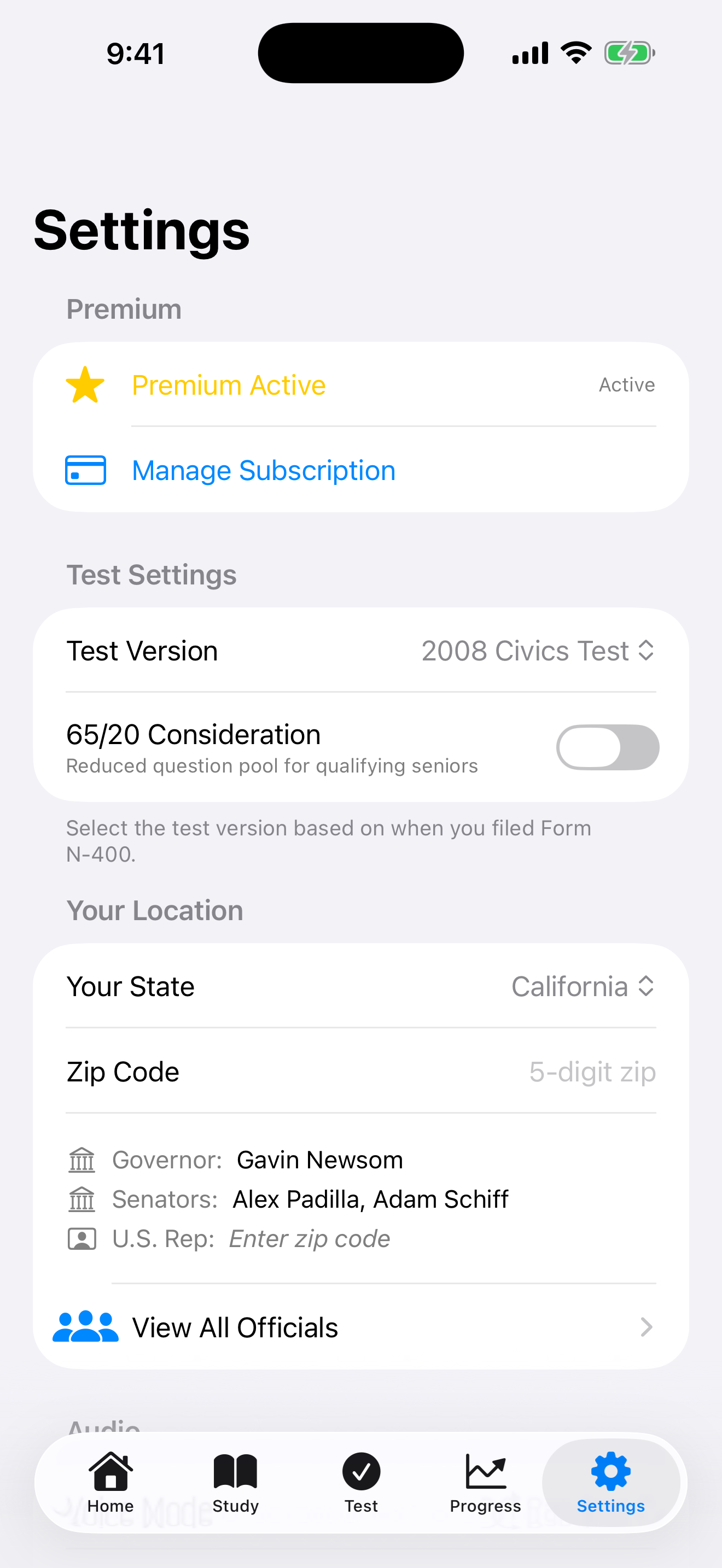 Settings screen on iPhone