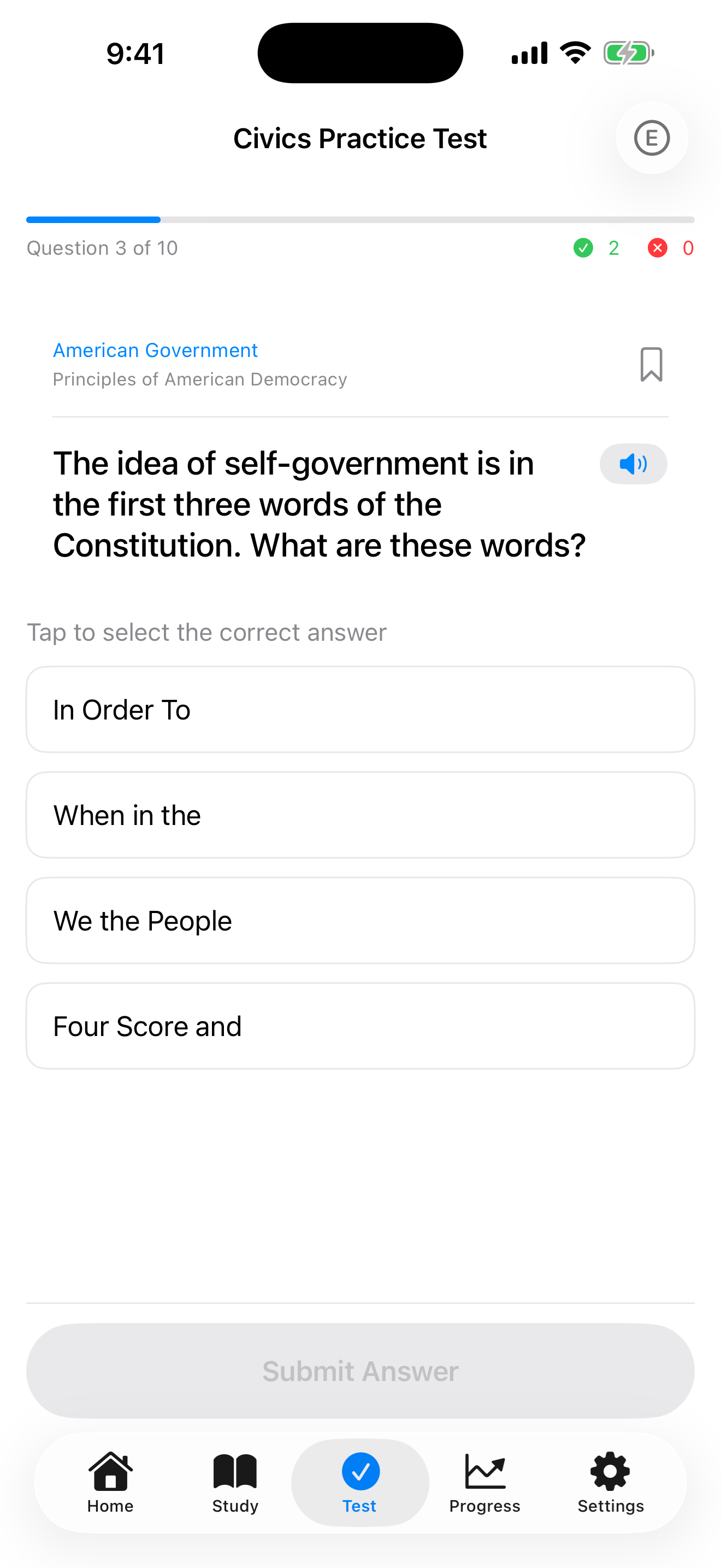 Civics multiple choice mode on iPhone