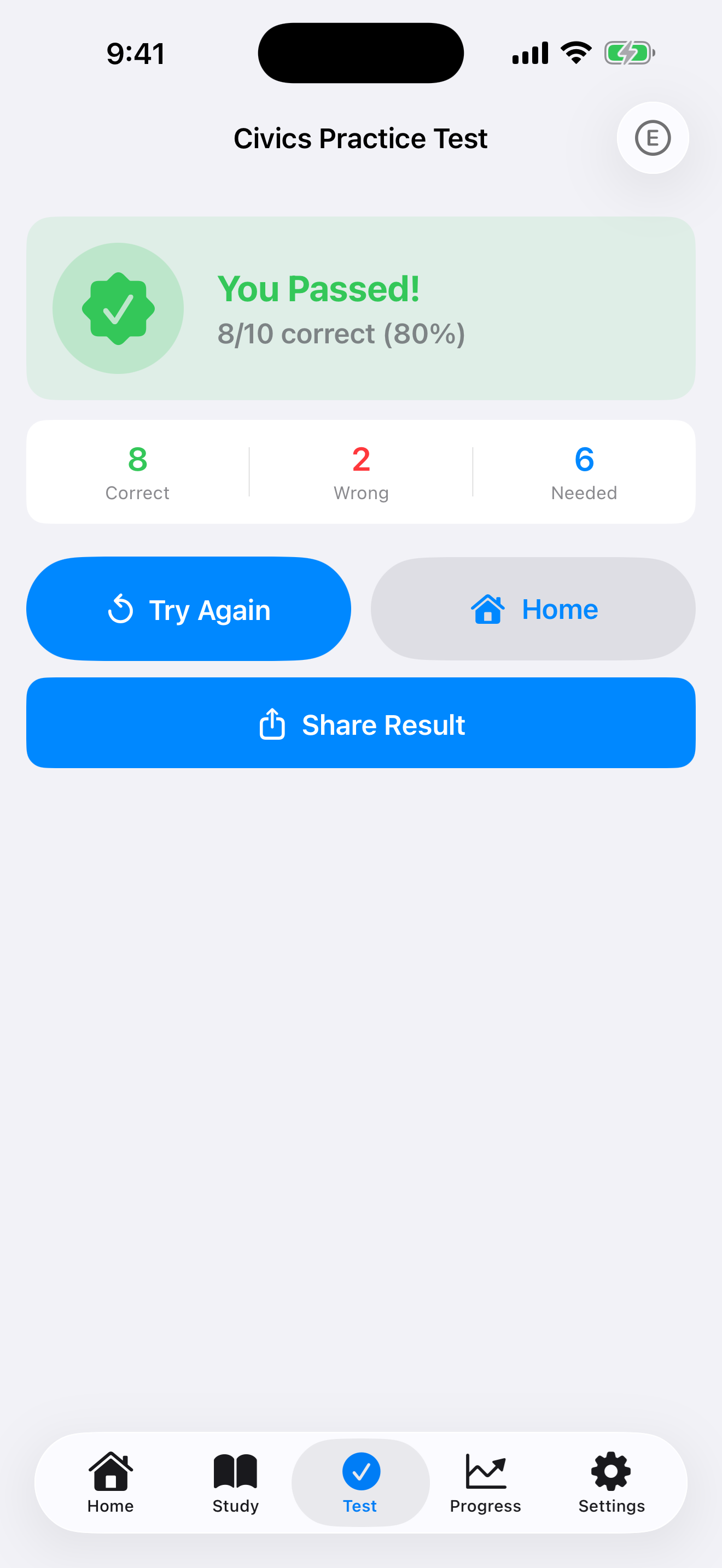 Civics test results on iPhone