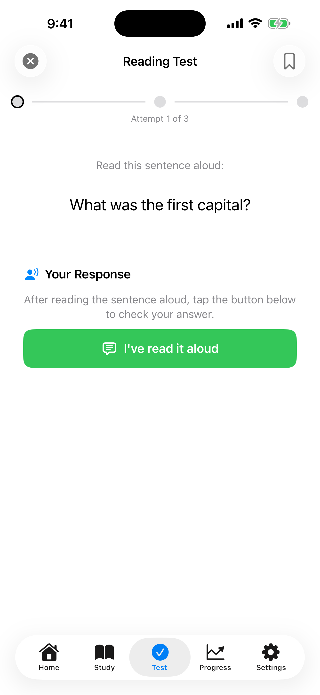 Reading test in progress on iPhone