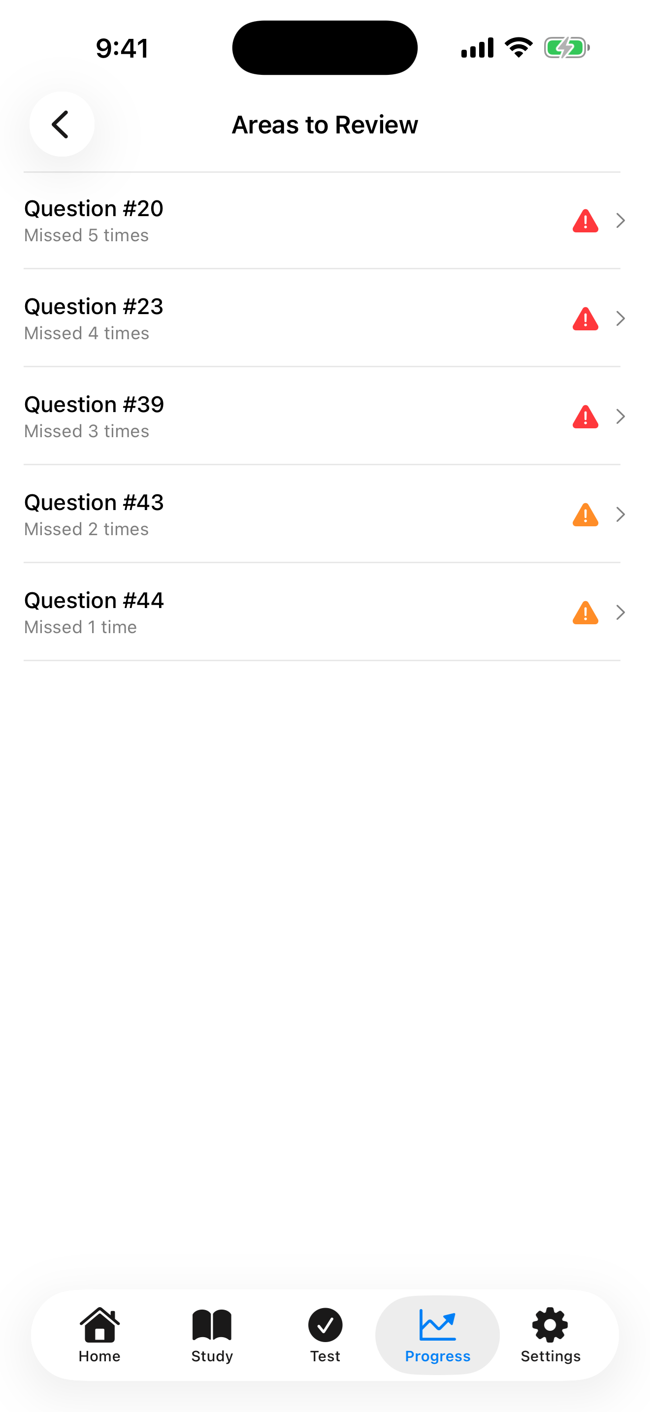 Missed questions to review on iPhone