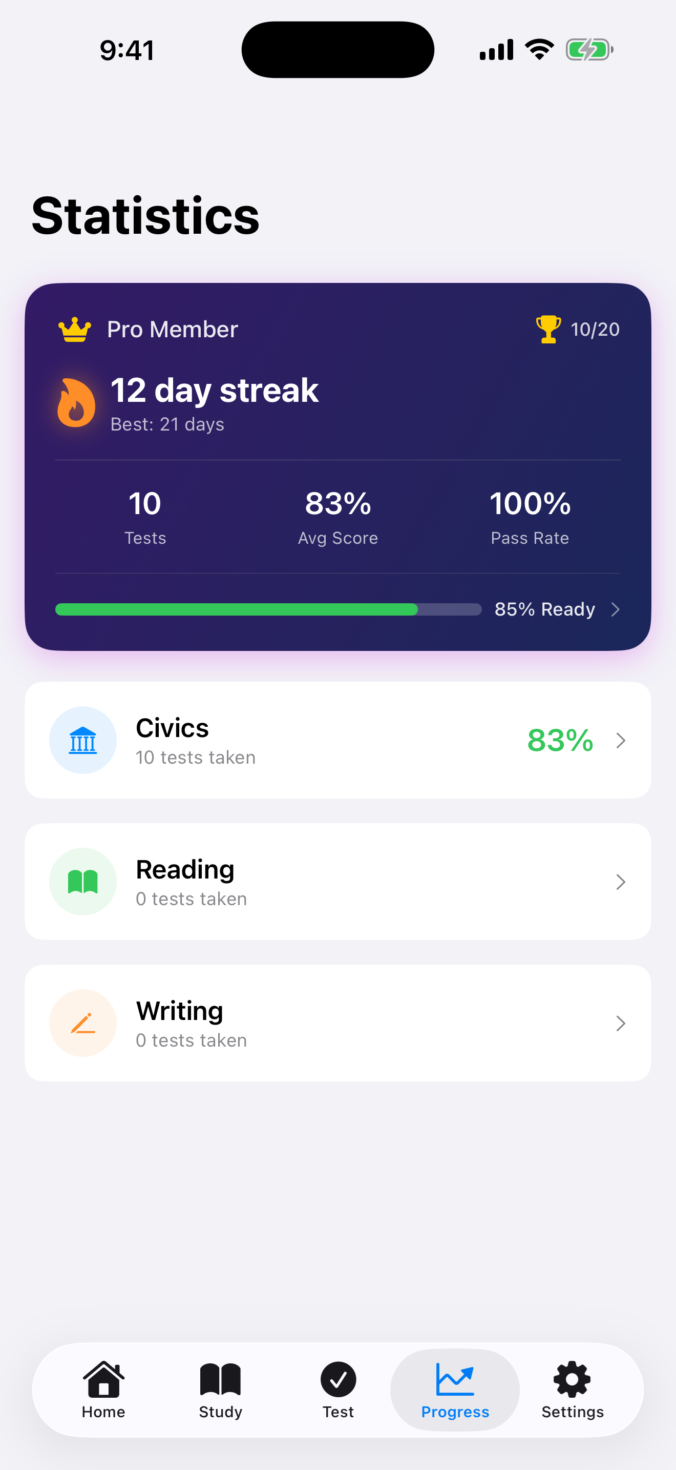 Study streak on the statistics screen on iPhone