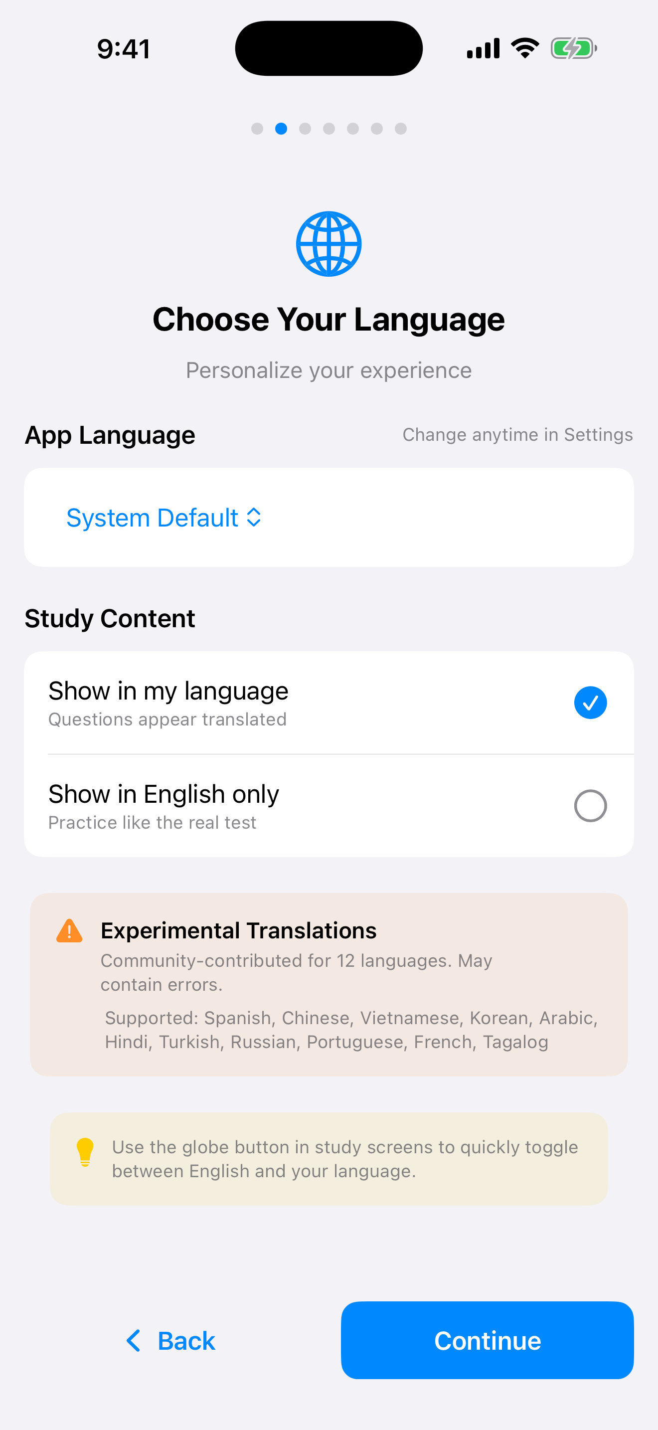 Choosing your language during onboarding on iPhone