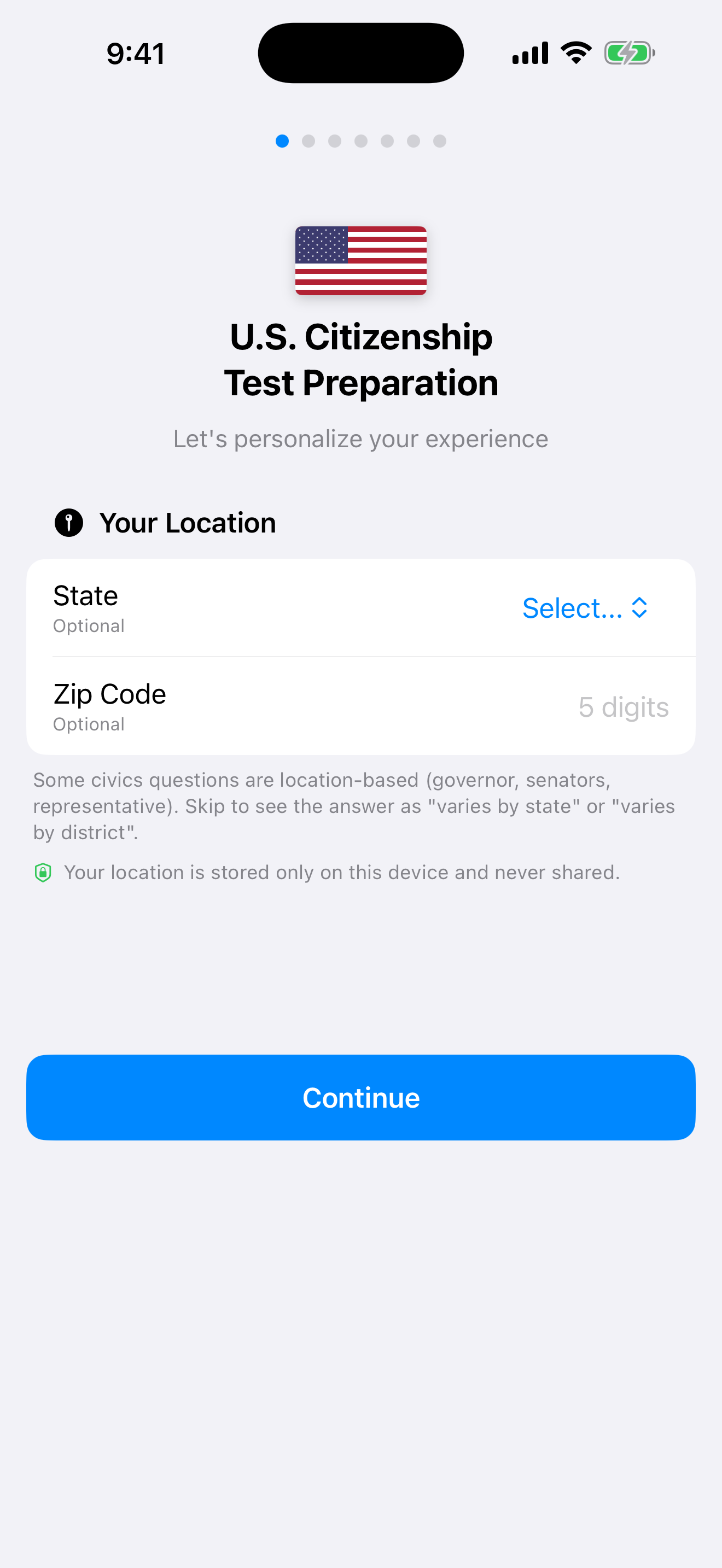 Setting your state and zip code during onboarding on iPhone