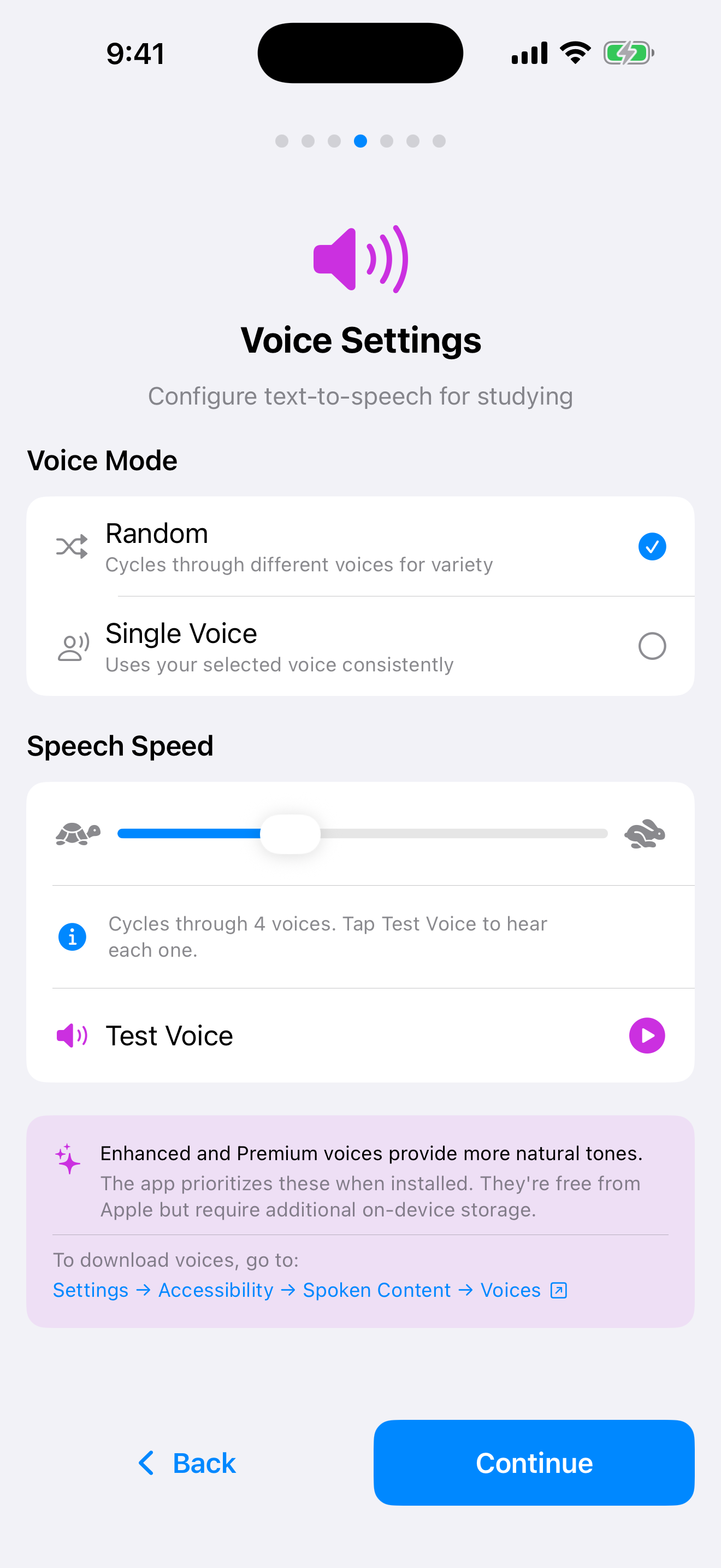 Choosing a reading voice during onboarding on iPhone