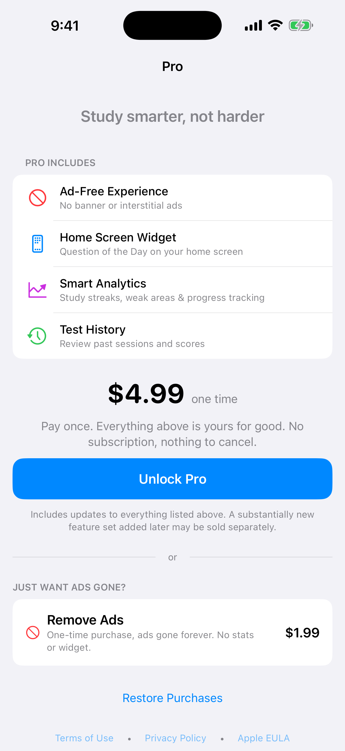 The Pro page showing the one-time unlock and the Remove Ads option on iPhone