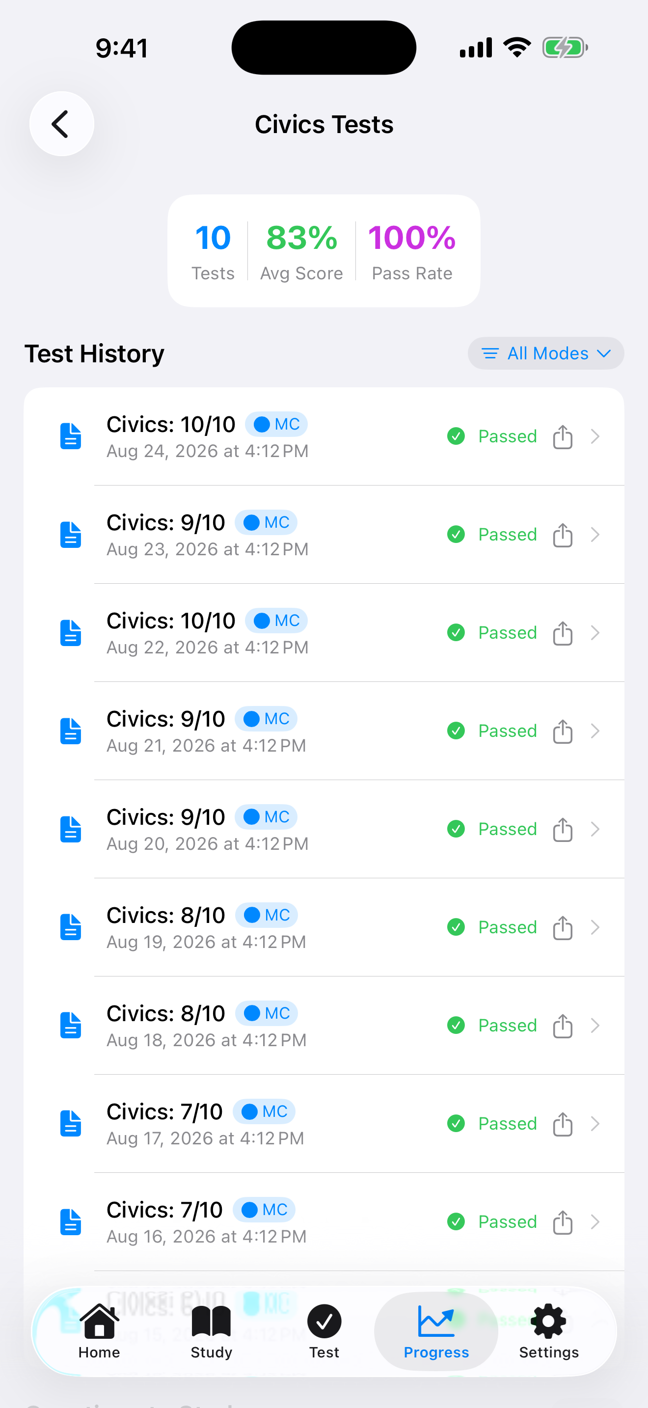 Civics test history on iPhone