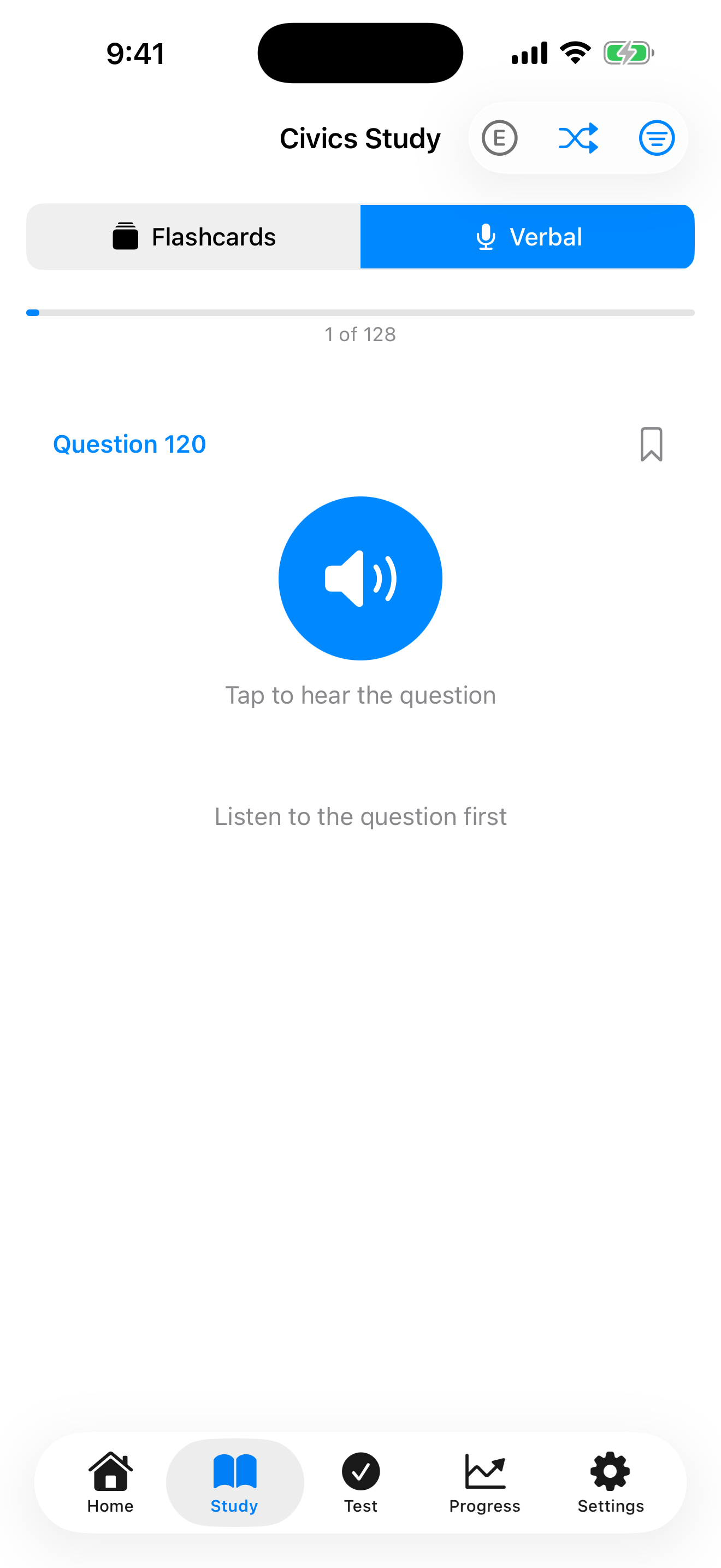 Verbal practice in study mode on iPhone