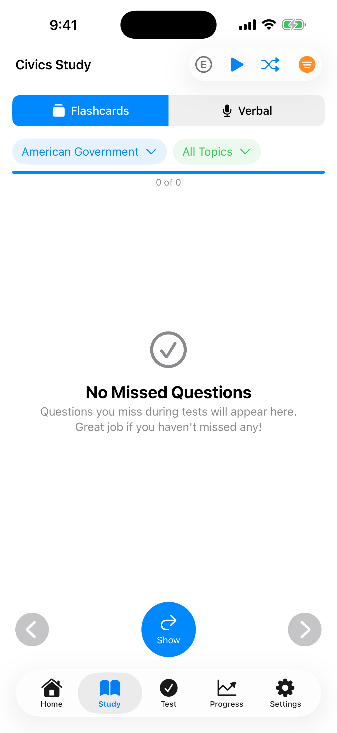 Study questions filtered by category and missed answers on iPhone