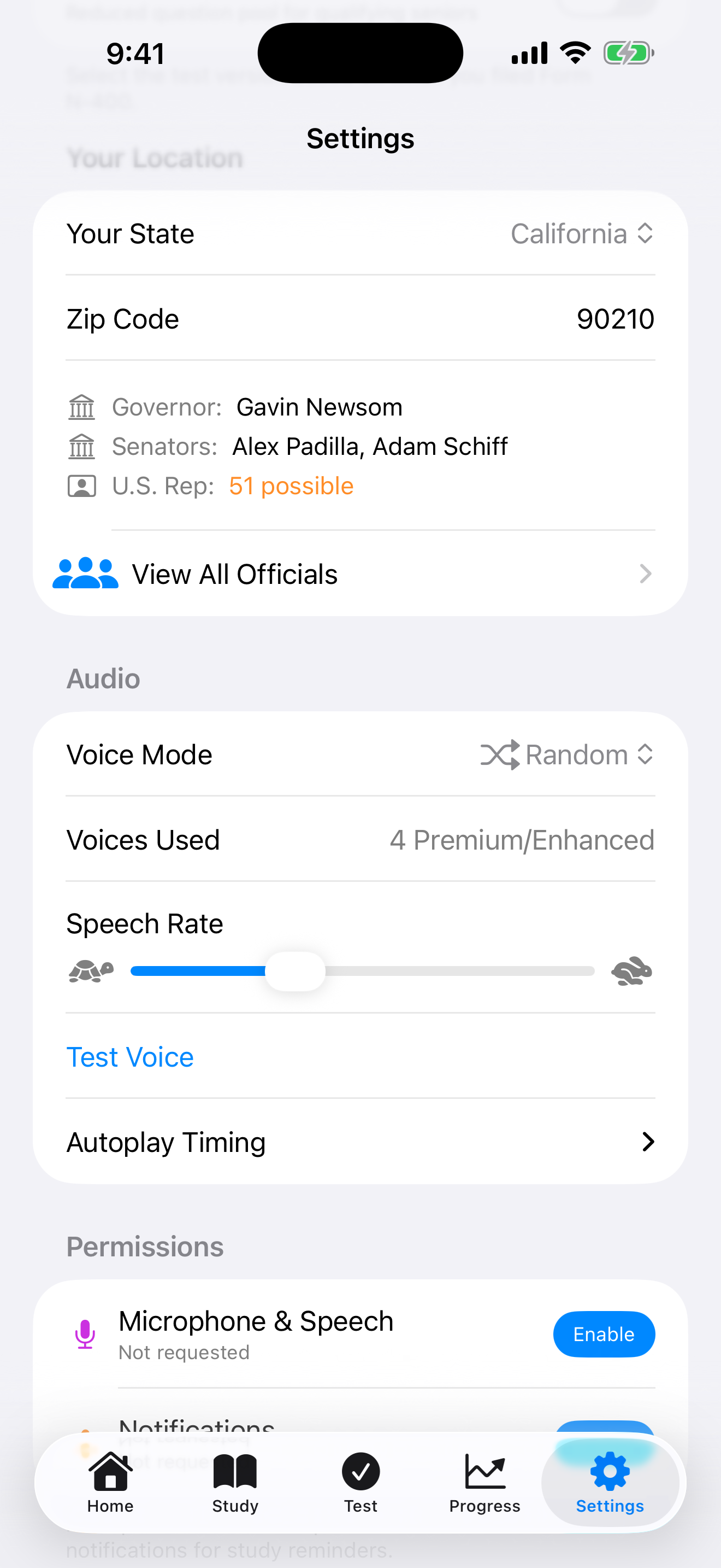 State and zip code settings, with your officials listed on iPhone