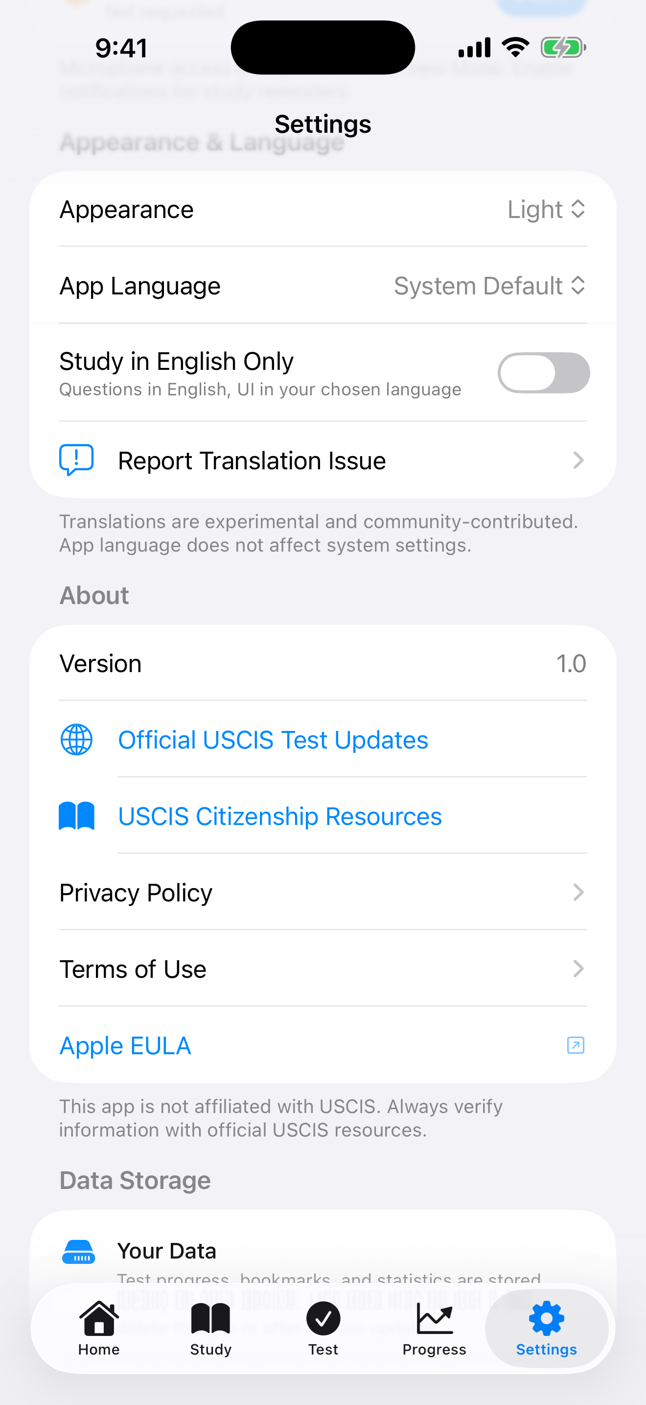 Appearance and language settings on iPhone