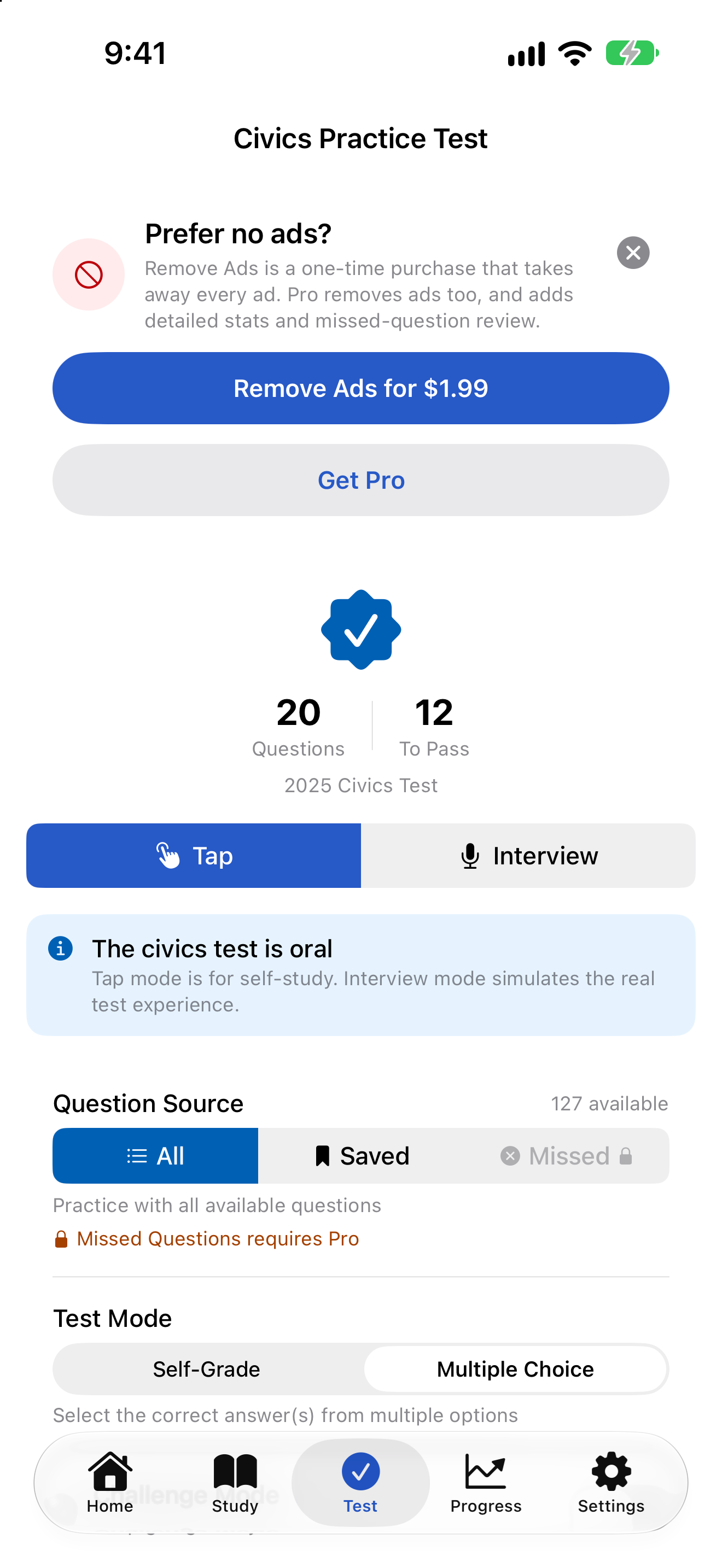 The Prefer no ads? card on the civics test start screen, offering Remove Ads and Get Pro on iPhone